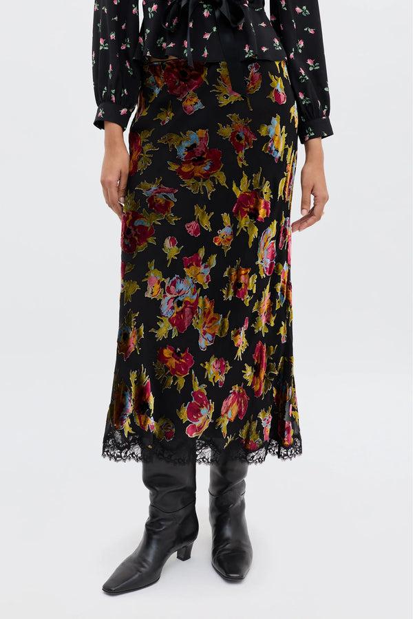 Rixo Stassie Silk-Velvet Midi Skirt Countryside Devoré Black