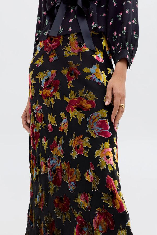 Rixo Stassie Silk-Velvet Midi Skirt Countryside Devoré Black