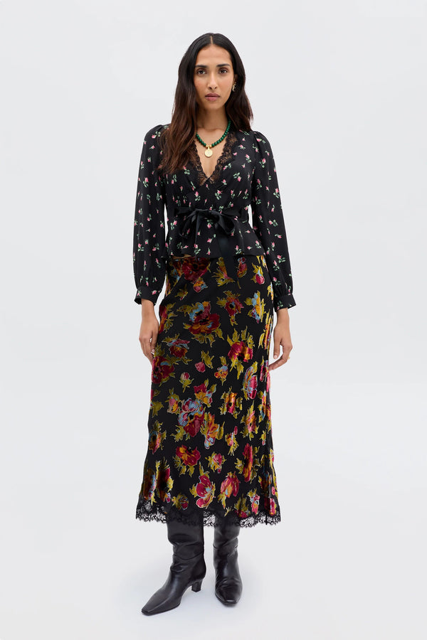 rixo Stassie Silk-Velvet Midi Skirt Countryside Devoré Black