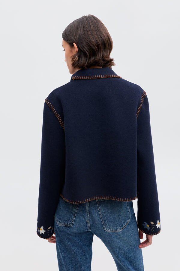 Rixo Sunday Embroidered Jacket Petal Embroidery Navy