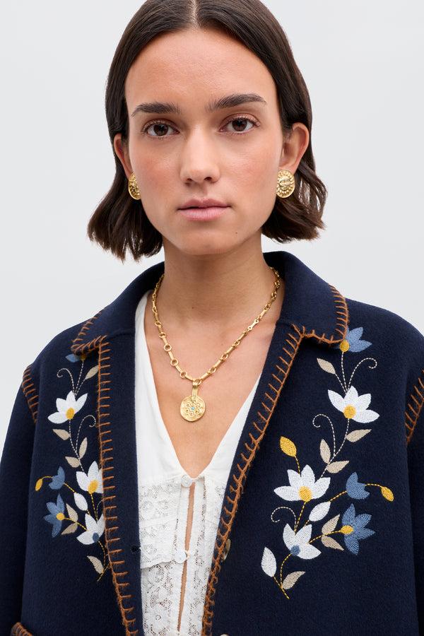Rixo Sunday Embroidered Jacket Petal Embroidery Navy