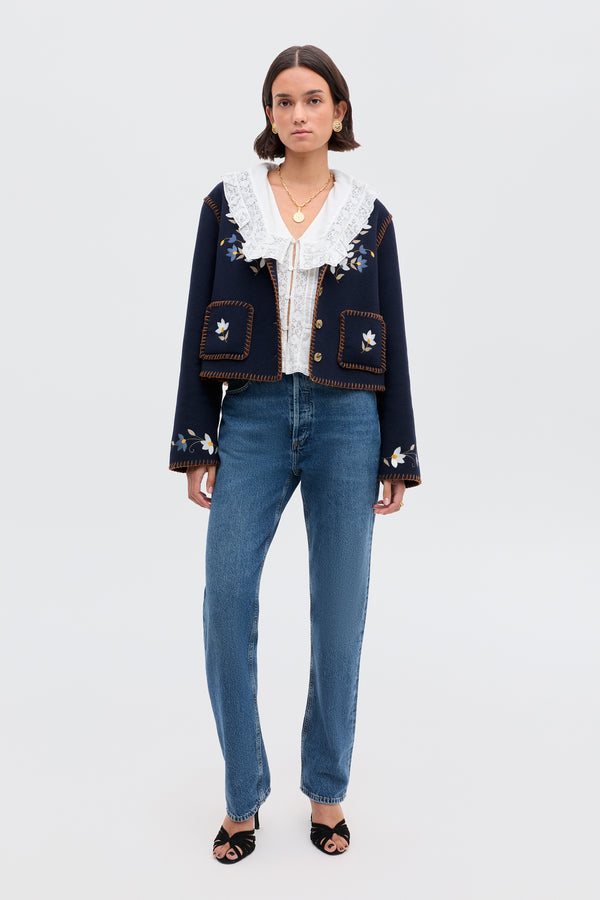 rixo Sunday Embroidered Jacket Petal Embroidery Navy