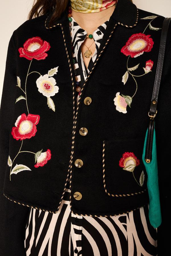 Rixo Sunday Embroidered Jacket Poppy Embroidery Black