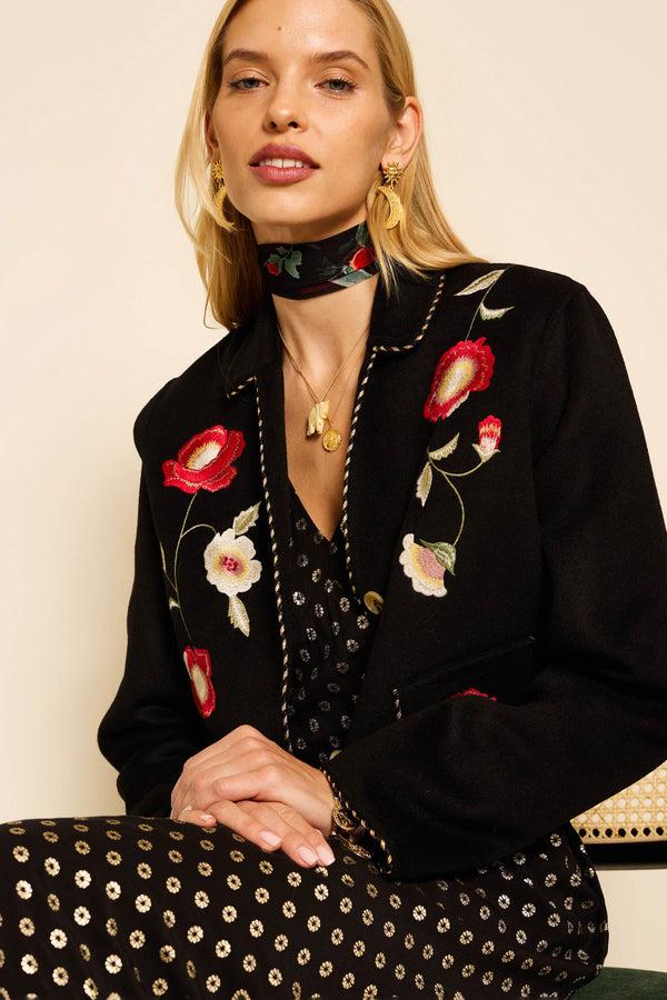 Rixo Sunday Embroidered Jacket Poppy Embroidery Black