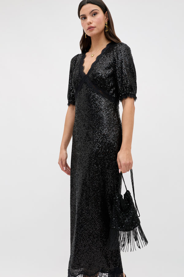 Rixo Verena Sequinned Maxi Dress Embellishment Black