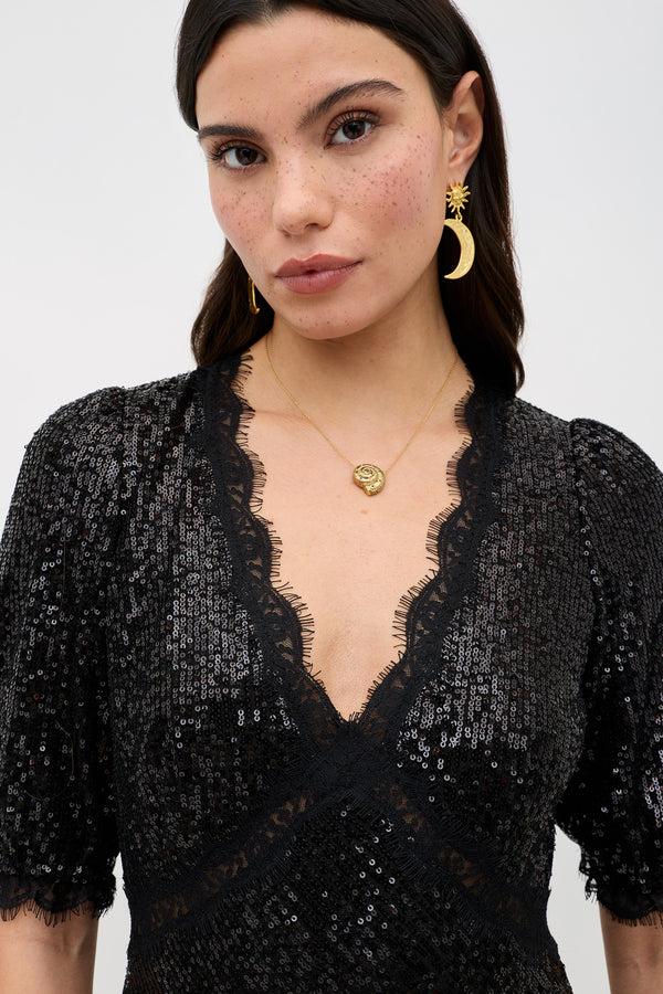 Rixo Verena Sequinned Maxi Dress Embellishment Black