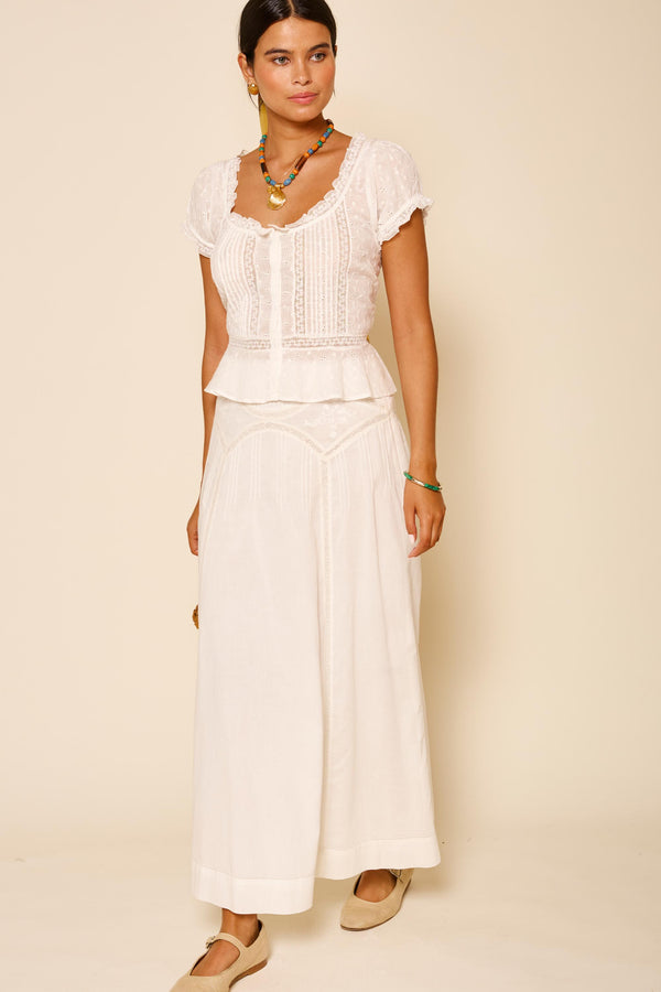 Rixo Vienne Cotton Midi Skirt Pansy Embroidery Ivory