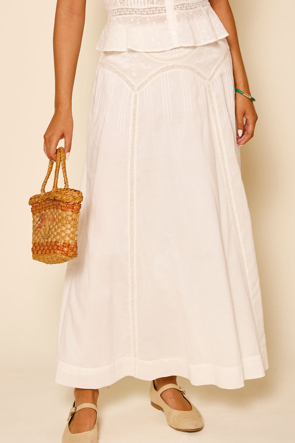 Rixo Vienne Cotton Midi Skirt Pansy Embroidery Ivory