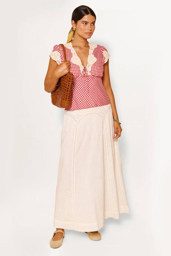 rixo Vienne Cotton Midi Skirt Pansy Embroidery Ivory