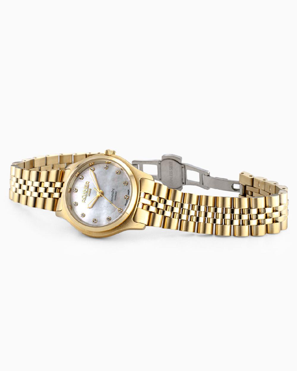 roamer Cassandra Diamond 31 Mm Quartz Three-Hand White Dial Gold Bracelet Sapphire Glass Stainless Steel Swiss Watch