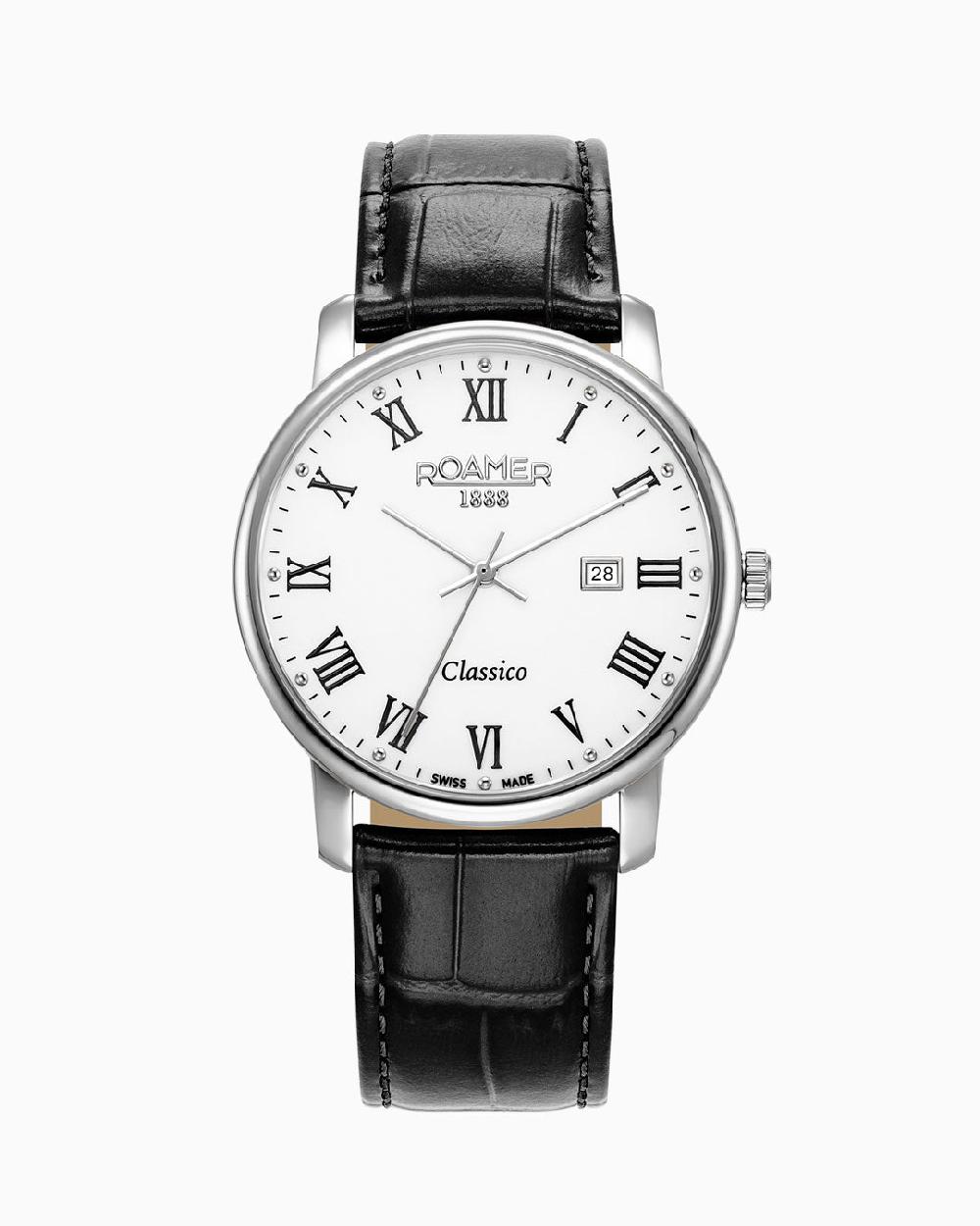 roamer Classico Gents 40 mm Quartz Three-Hand Date Black Leather Strap Sapphire glass Stainless Steel swiss watch