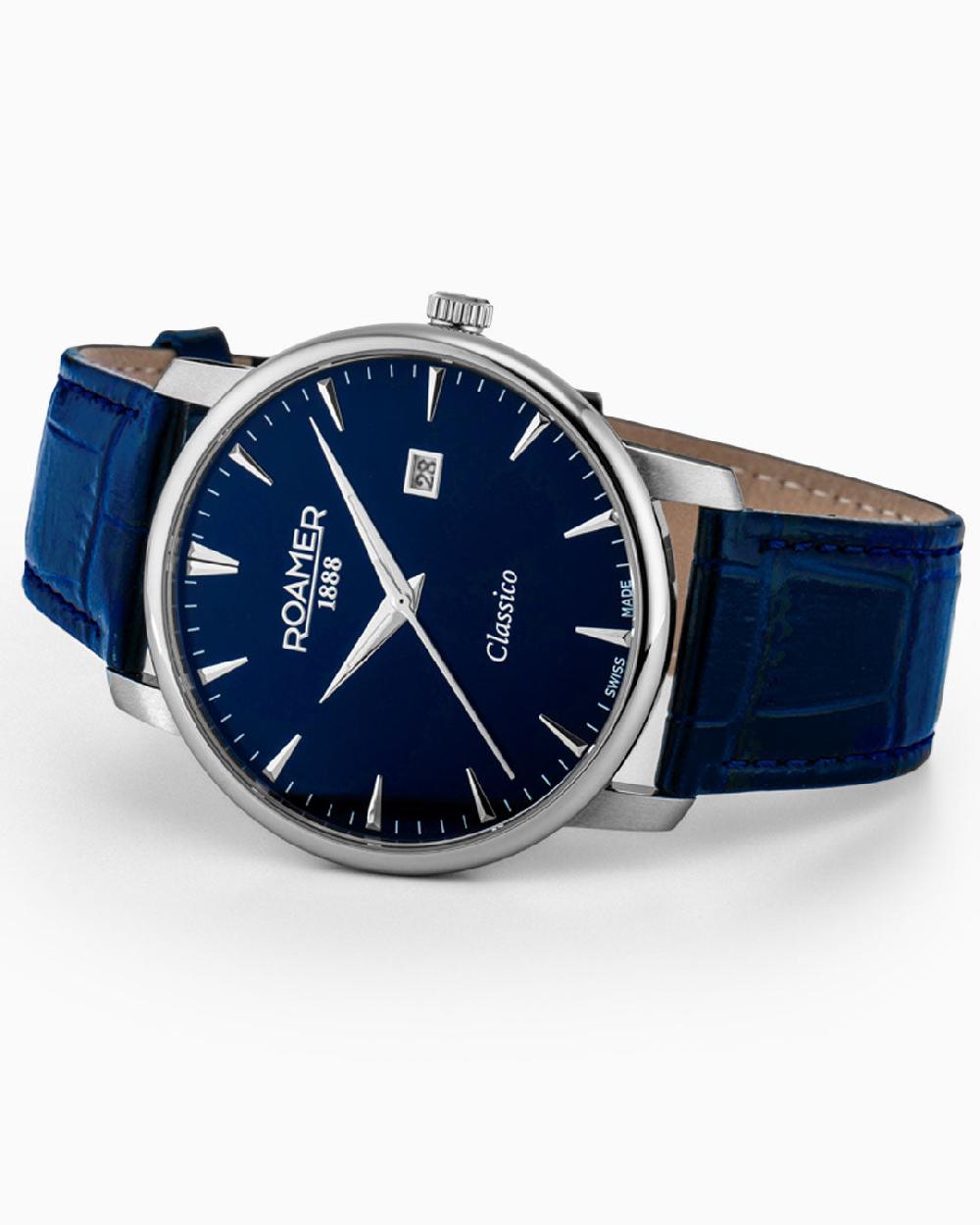Roamer Classico Gents 40 Mm Quartz Three-Hand Date Blue Leather Strap Sapphire Glass Stainless Steel Swiss Watch