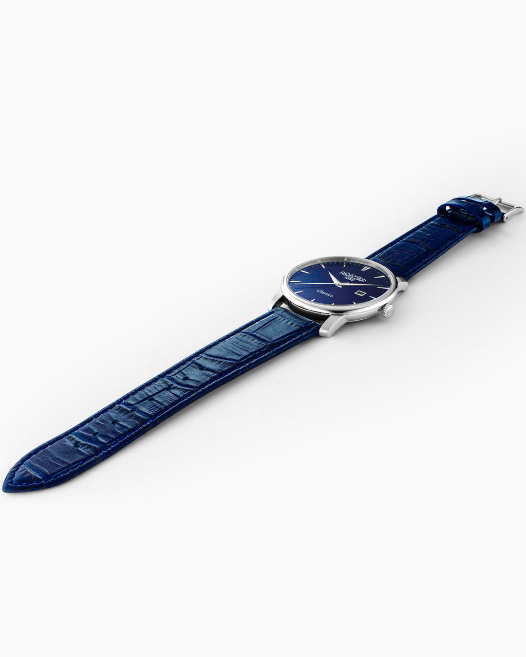 Roamer Classico Gents 40 Mm Quartz Three-Hand Date Blue Leather Strap Sapphire Glass Stainless Steel Swiss Watch