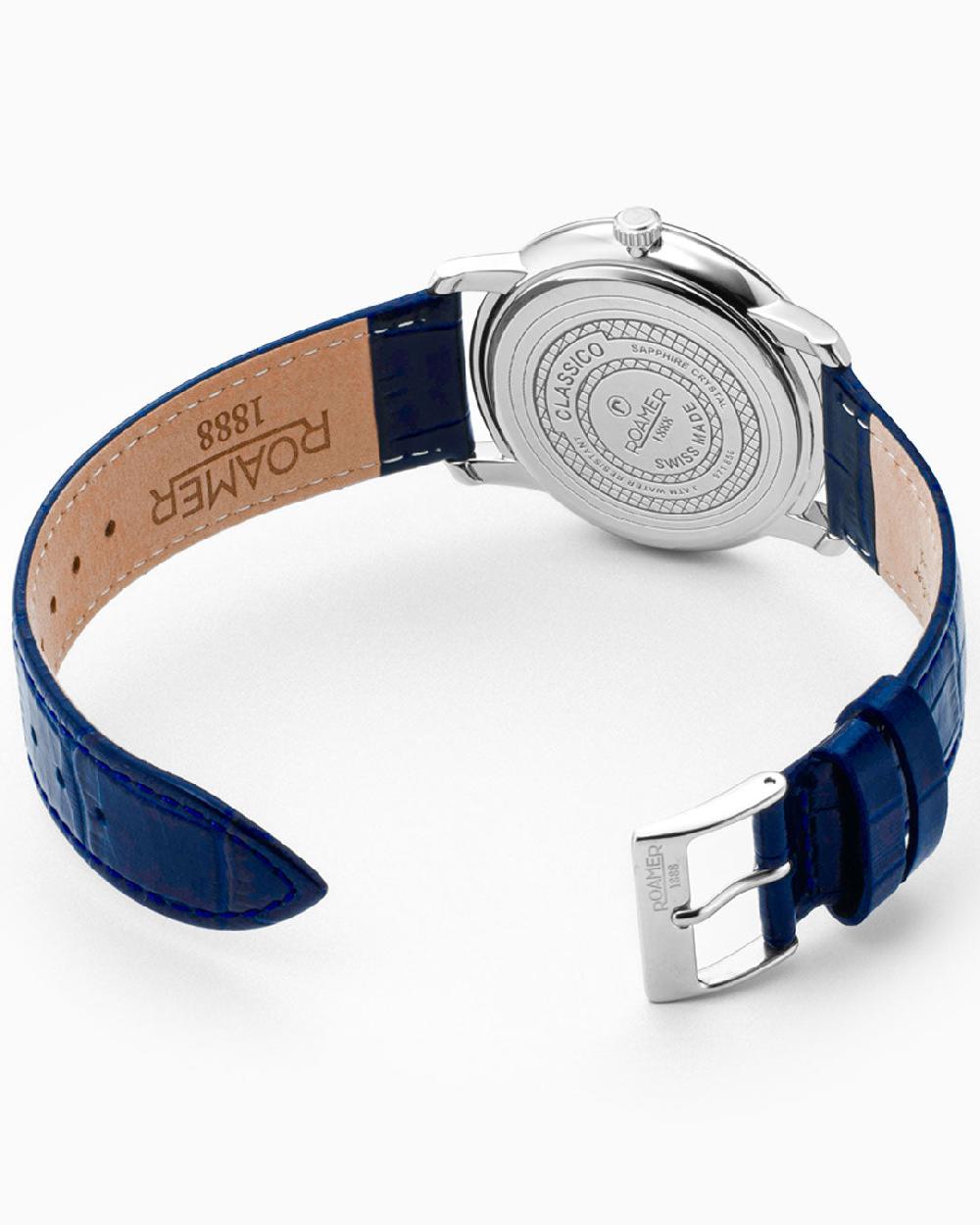 Roamer Classico Gents 40 Mm Quartz Three-Hand Date Blue Leather Strap Sapphire Glass Stainless Steel Swiss Watch
