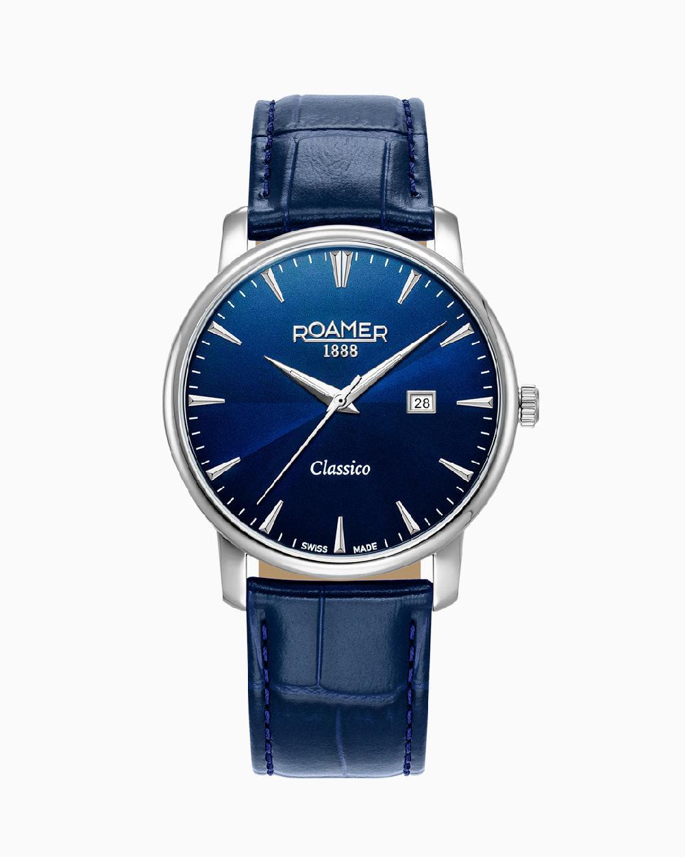 roamer Classico Gents 40 mm Quartz Three-Hand Date Blue Leather Strap Sapphire glass Stainless Steel swiss watch