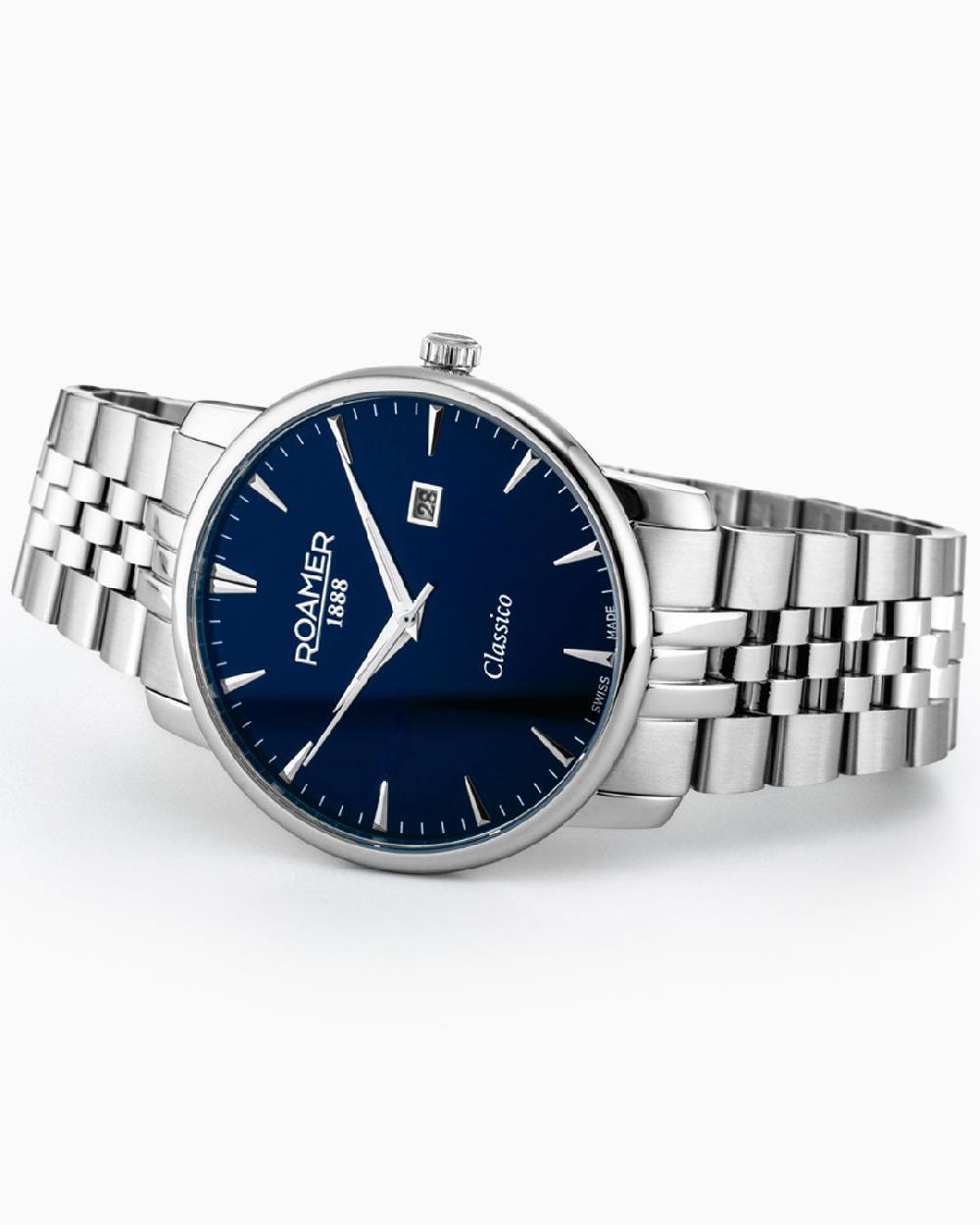 Roamer Classico Gents 40 Mm Quartz Three-Hand Date Blue Sunray Dial Silver Bracelet Sapphire Glass Stainless Steel Swiss Watch