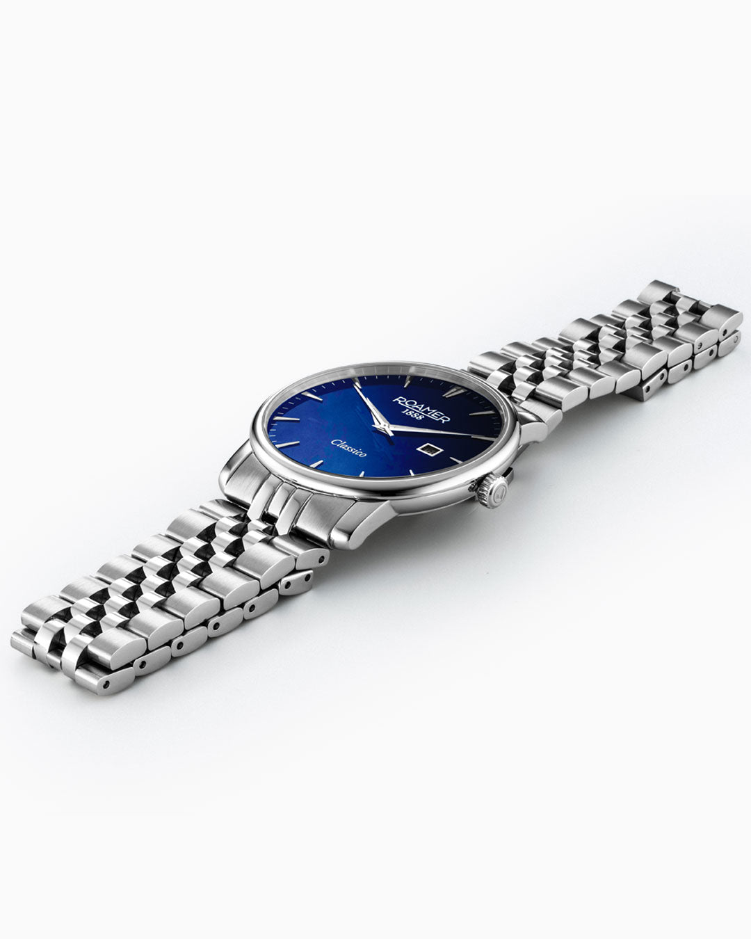 Roamer Classico Gents 40 Mm Quartz Three-Hand Date Blue Sunray Dial Silver Bracelet Sapphire Glass Stainless Steel Swiss Watch