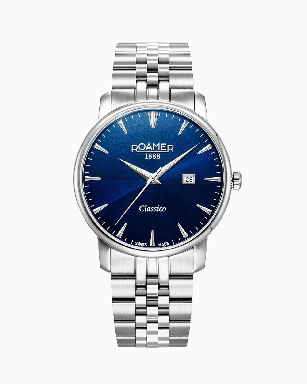 roamer Classico Gents 40 mm Quartz Three-Hand Date Blue Sunray Dial Silver Bracelet Sapphire glass Stainless Steel swiss watch