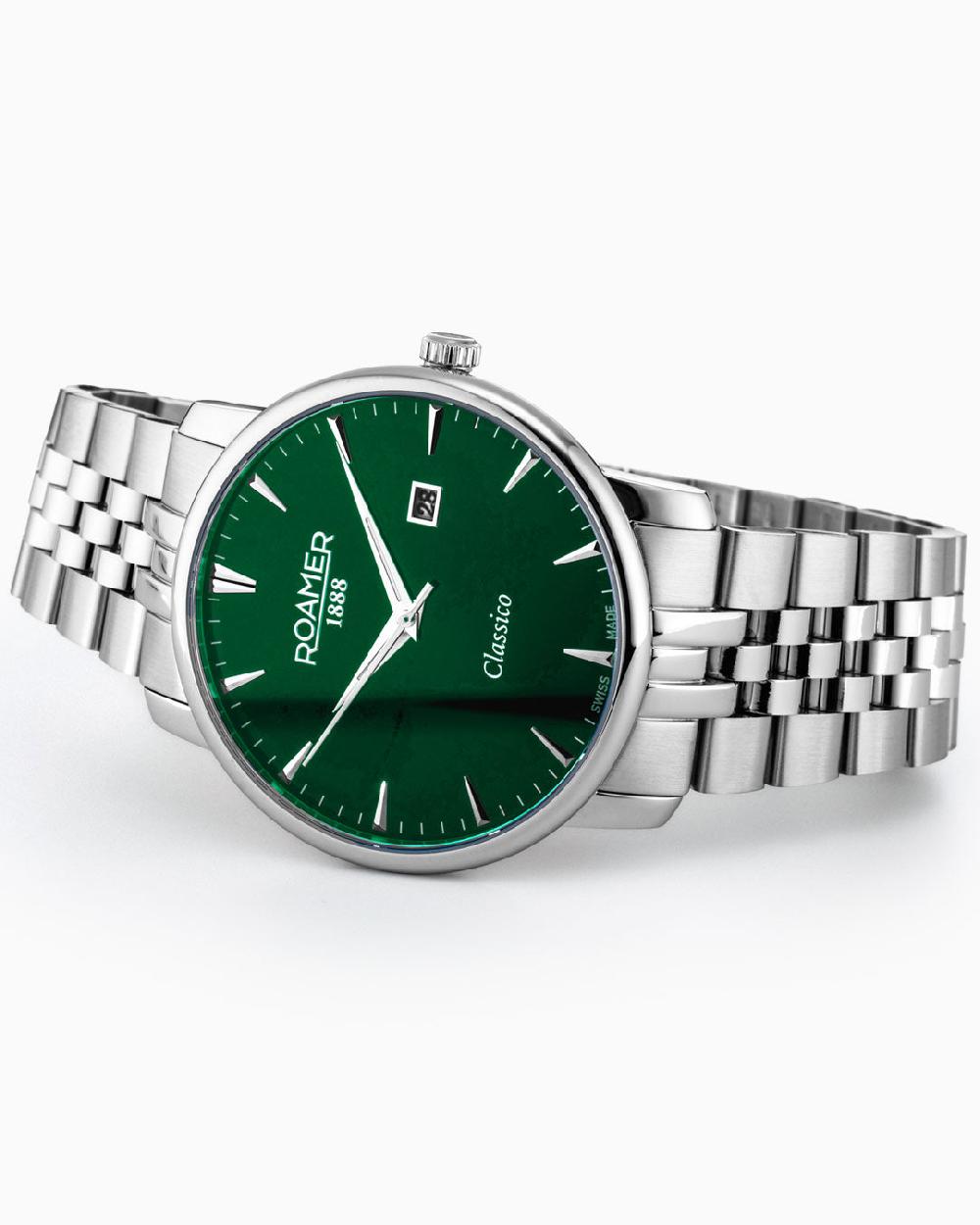 Roamer Classico Gents 40 Mm Quartz Three-Hand Date Green Sunray Dial Silver Bracelet Sapphire Glass Stainless Steel Swiss Watch