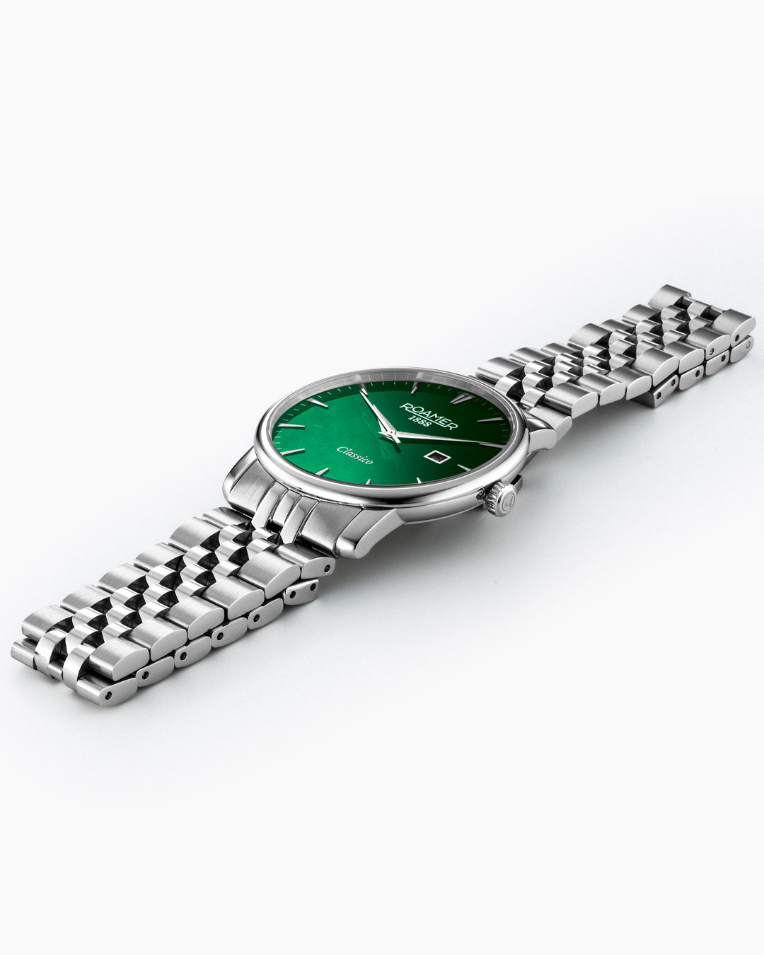 Roamer Classico Gents 40 Mm Quartz Three-Hand Date Green Sunray Dial Silver Bracelet Sapphire Glass Stainless Steel Swiss Watch