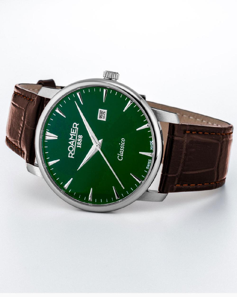 Roamer Classico Gents 40 Mm Quartz Three-Hand Date Green Sunray Dial Brown Leather Strap Sapphire Glass Stainless Steel Swiss Watch