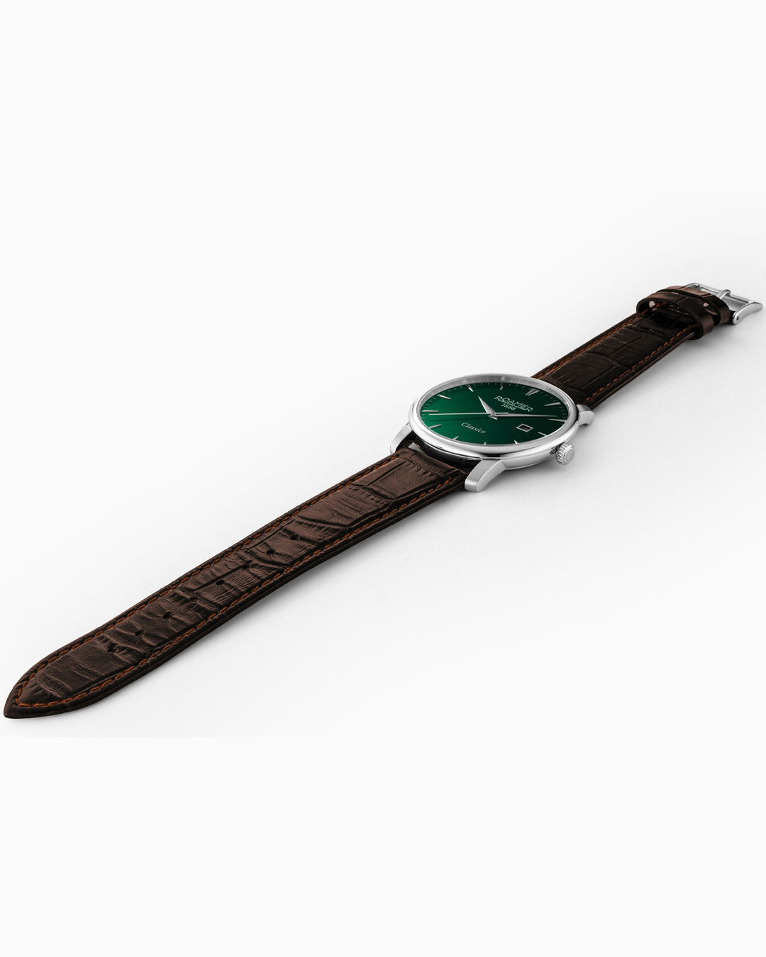 Roamer Classico Gents 40 Mm Quartz Three-Hand Date Green Sunray Dial Brown Leather Strap Sapphire Glass Stainless Steel Swiss Watch