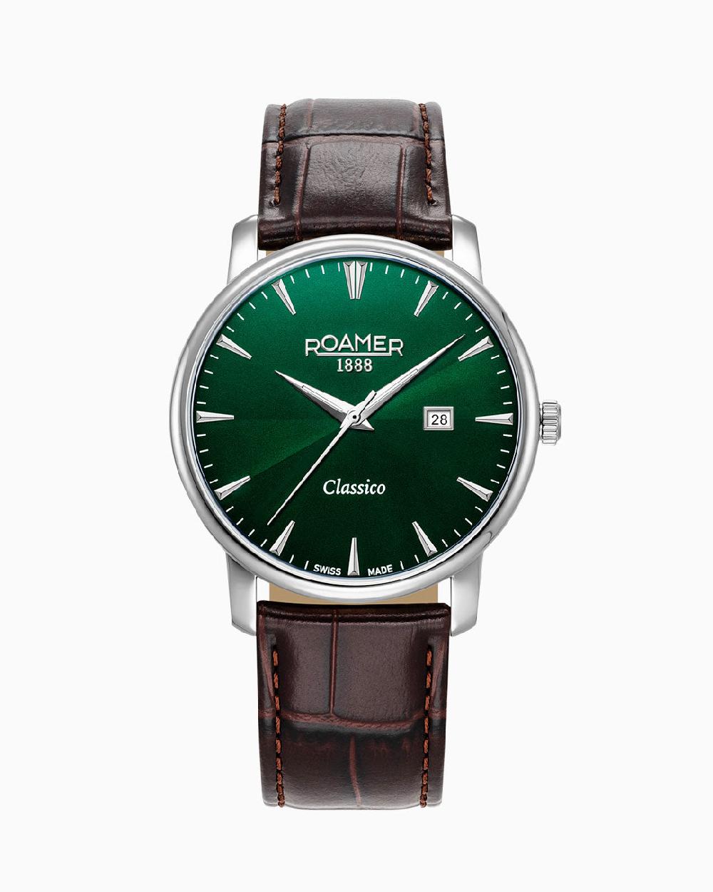 roamer Classico Gents 40 mm Quartz Three-Hand Date Green Sunray Dial Brown Leather Strap Sapphire glass Stainless Steel swiss watch