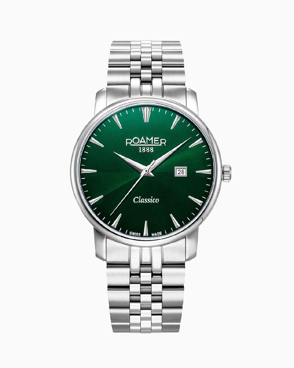 roamer Classico Gents 40 mm Quartz Three-Hand Date Green Sunray Dial Silver Bracelet Sapphire glass Stainless Steel swiss watch
