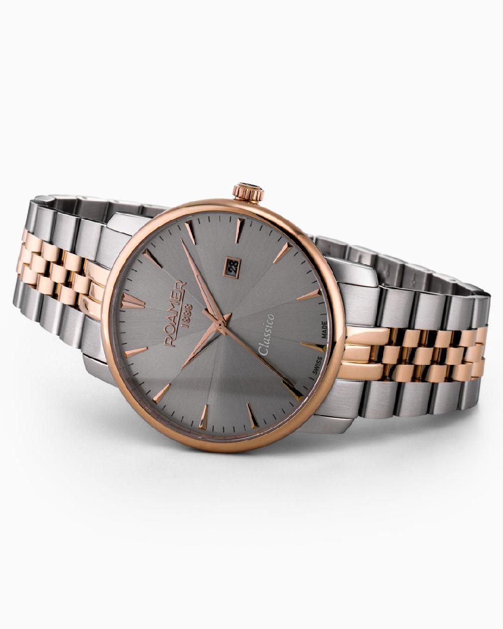 Roamer Classico Gents 40 Mm Quartz Three-Hand Date Grey Sunray Dial Two-Tone Bracelet Sapphire Glass Stainless Steel Swiss Watch