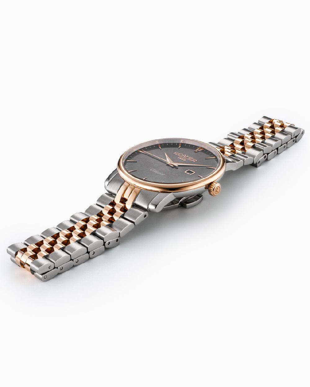 Roamer Classico Gents 40 Mm Quartz Three-Hand Date Grey Sunray Dial Two-Tone Bracelet Sapphire Glass Stainless Steel Swiss Watch