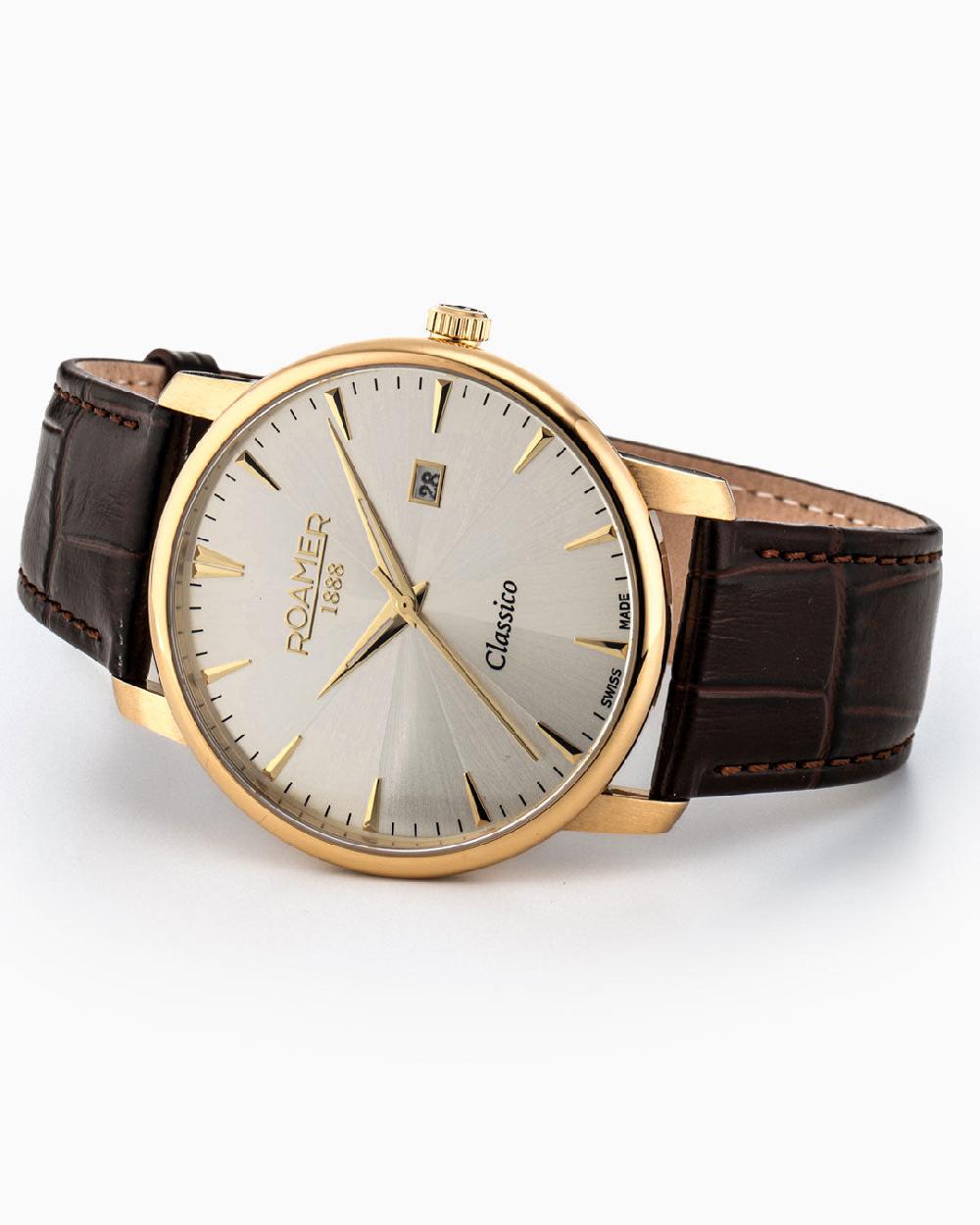 Roamer Classico Gents 40 Mm Quartz Three-Hand Date Grey Sunray Dial Brown Leather Strap Sapphire Glass Stainless Steel Swiss Watch