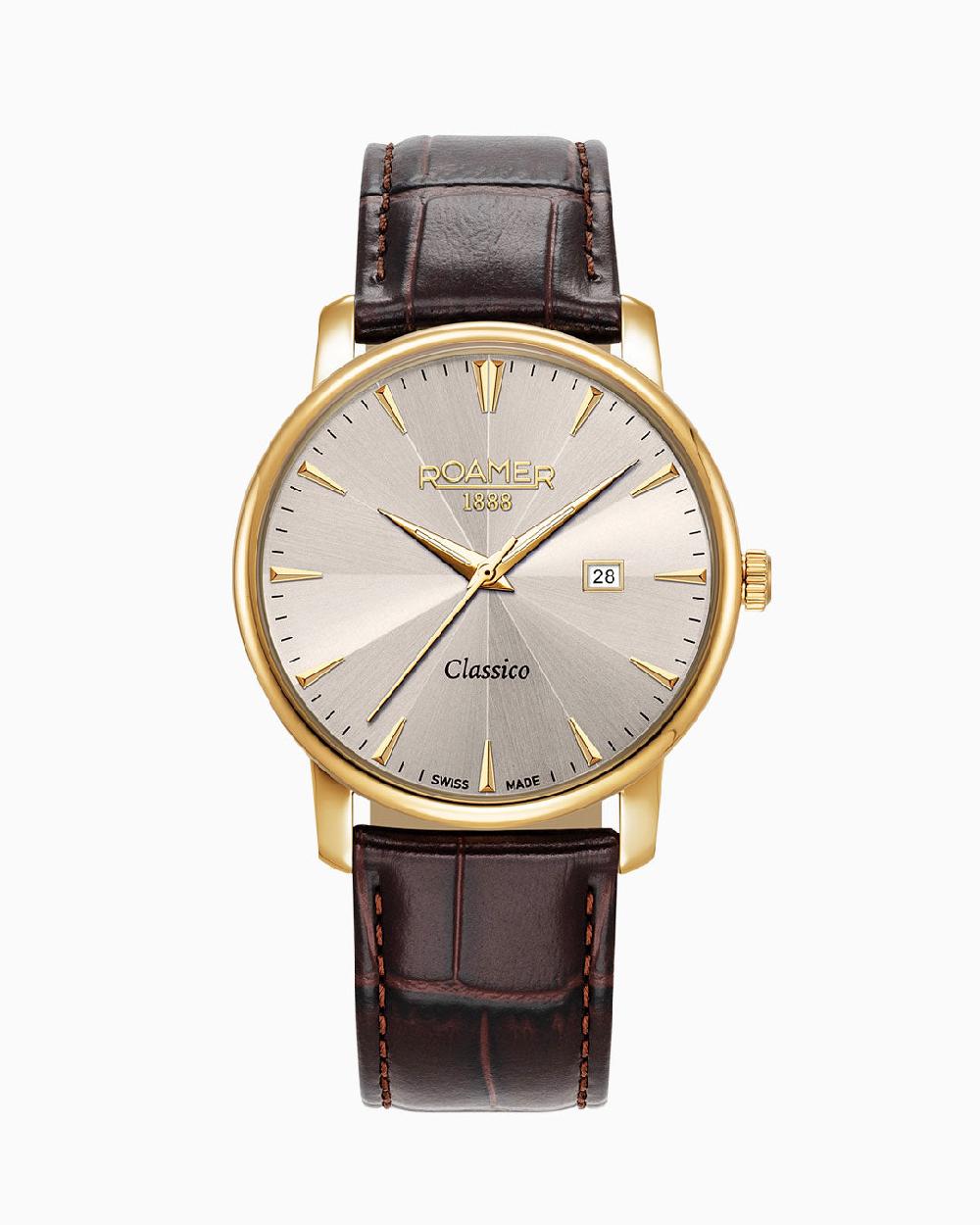 roamer Classico Gents 40 mm Quartz Three-Hand Date Grey Sunray Dial Brown Leather Strap Sapphire glass Stainless Steel swiss watch