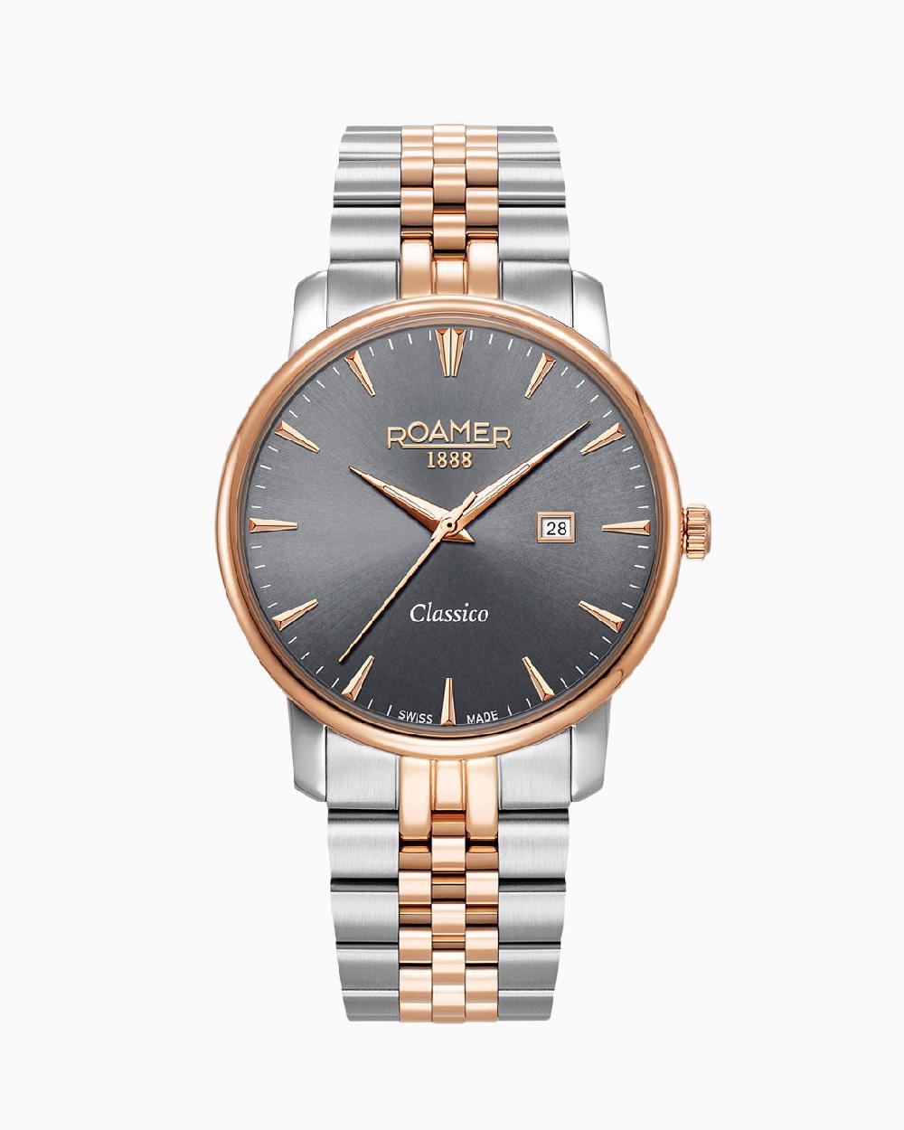 roamer Classico Gents 40 mm Quartz Three-Hand Date Grey Sunray Dial Two-Tone Bracelet Sapphire glass Stainless Steel swiss watch