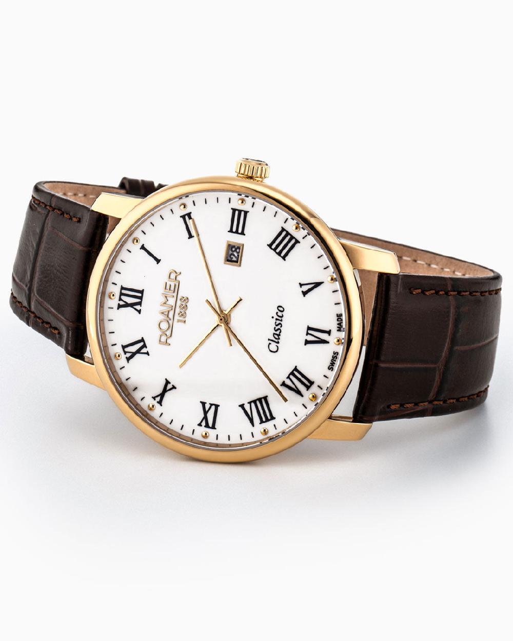 Roamer Classico Gents 40 Mm Quartz Three-Hand Date White Dial Brown Leather Strap Sapphire Glass Stainless Steel Swiss Watch
