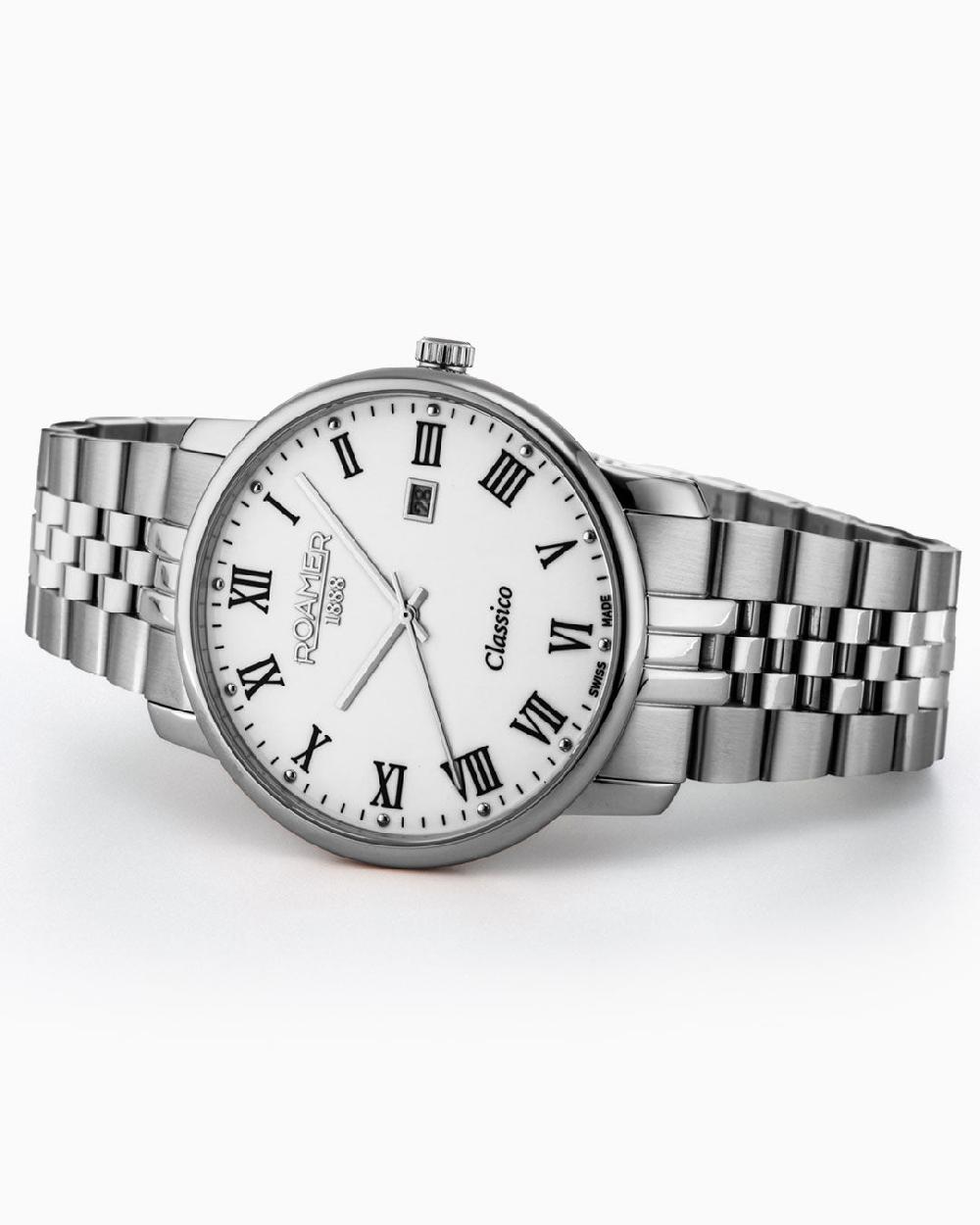 Roamer Classico Gents 40 Mm Quartz Three-Hand Date White Dial Silver Bracelet Sapphire Glass Stainless Steel Swiss Watch