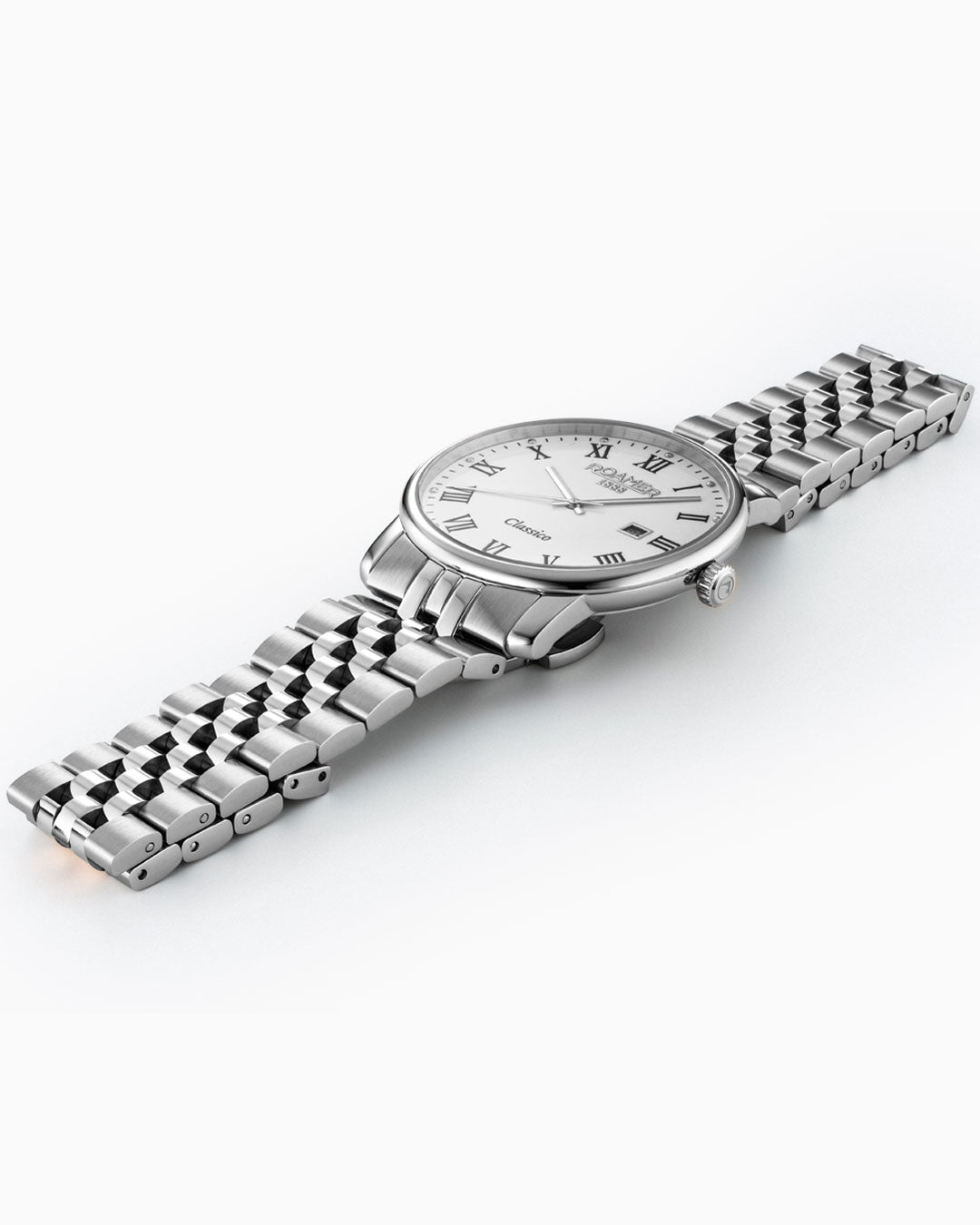 Roamer Classico Gents 40 Mm Quartz Three-Hand Date White Dial Silver Bracelet Sapphire Glass Stainless Steel Swiss Watch