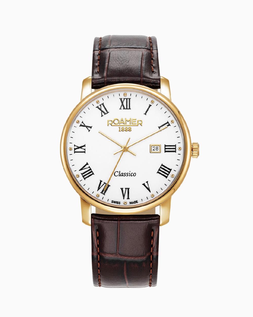 roamer Classico Gents 40 mm Quartz Three-Hand Date White Dial Brown Leather Strap Sapphire glass Stainless Steel swiss watch