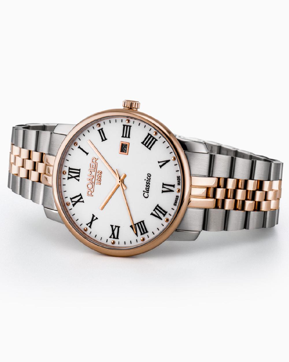 Roamer Classico Gents 40 Mm Quartz Three-Hand White Dial Date White Dial RoseGold-Silver Tone Bracelet Sapphire Glass Stainless Steel Swiss Watch
