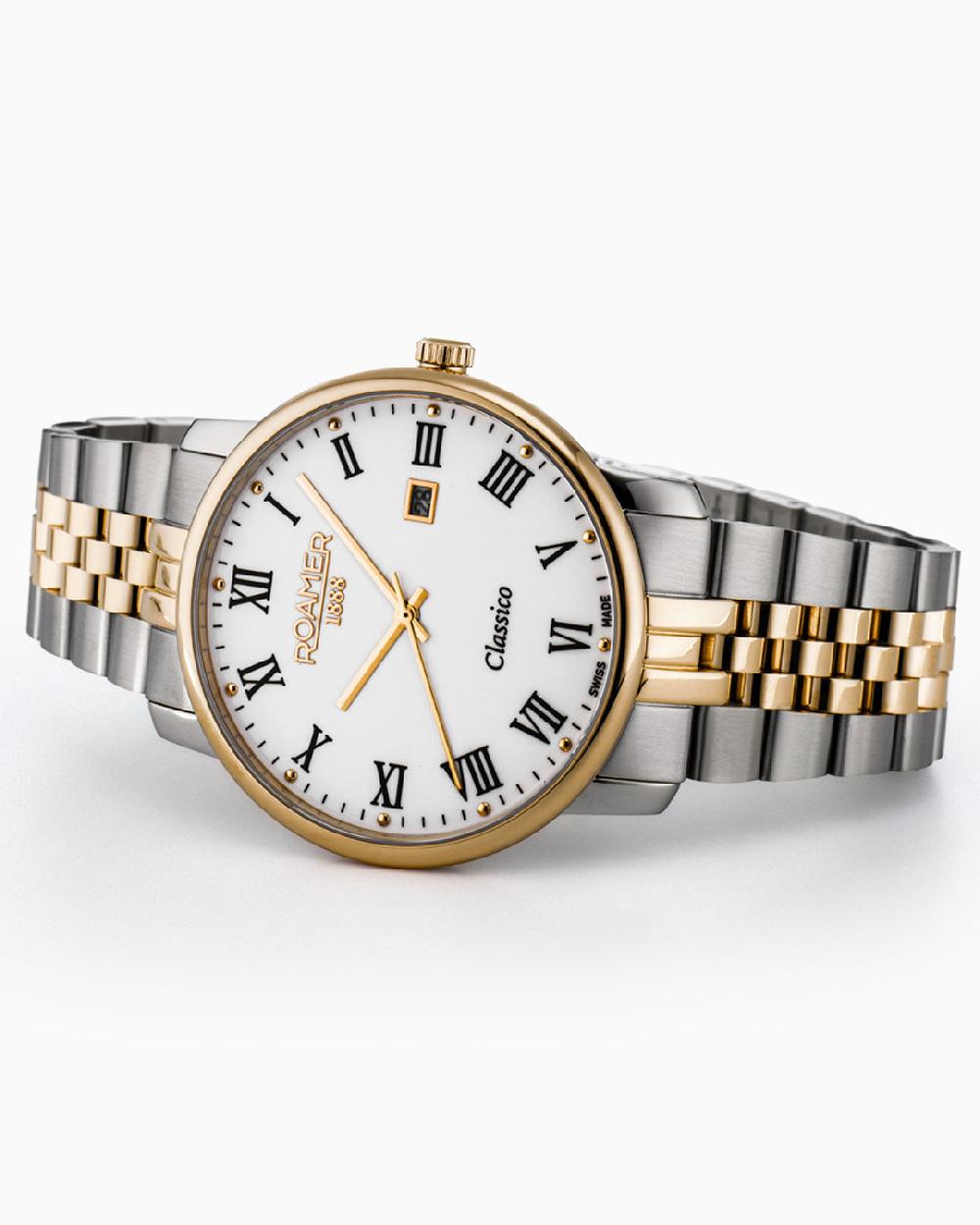 Roamer Classico Gents 40 Mm Quartz Three-Hand White Dial Date White Dial Gold-Silver Tone Bracelet Sapphire Glass Stainless Steel Swiss Watch