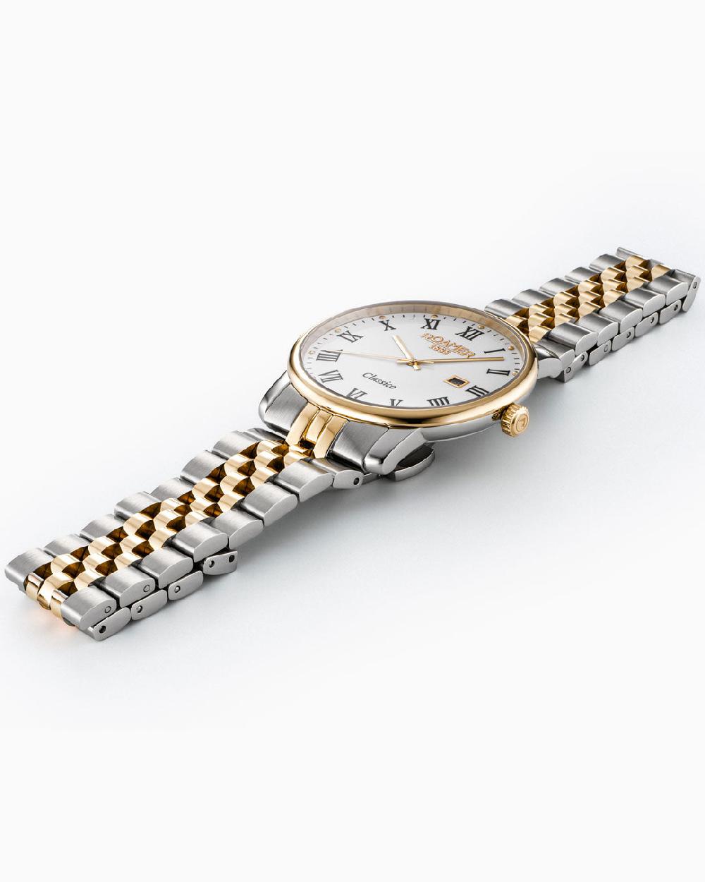 Roamer Classico Gents 40 Mm Quartz Three-Hand White Dial Date White Dial Gold-Silver Tone Bracelet Sapphire Glass Stainless Steel Swiss Watch