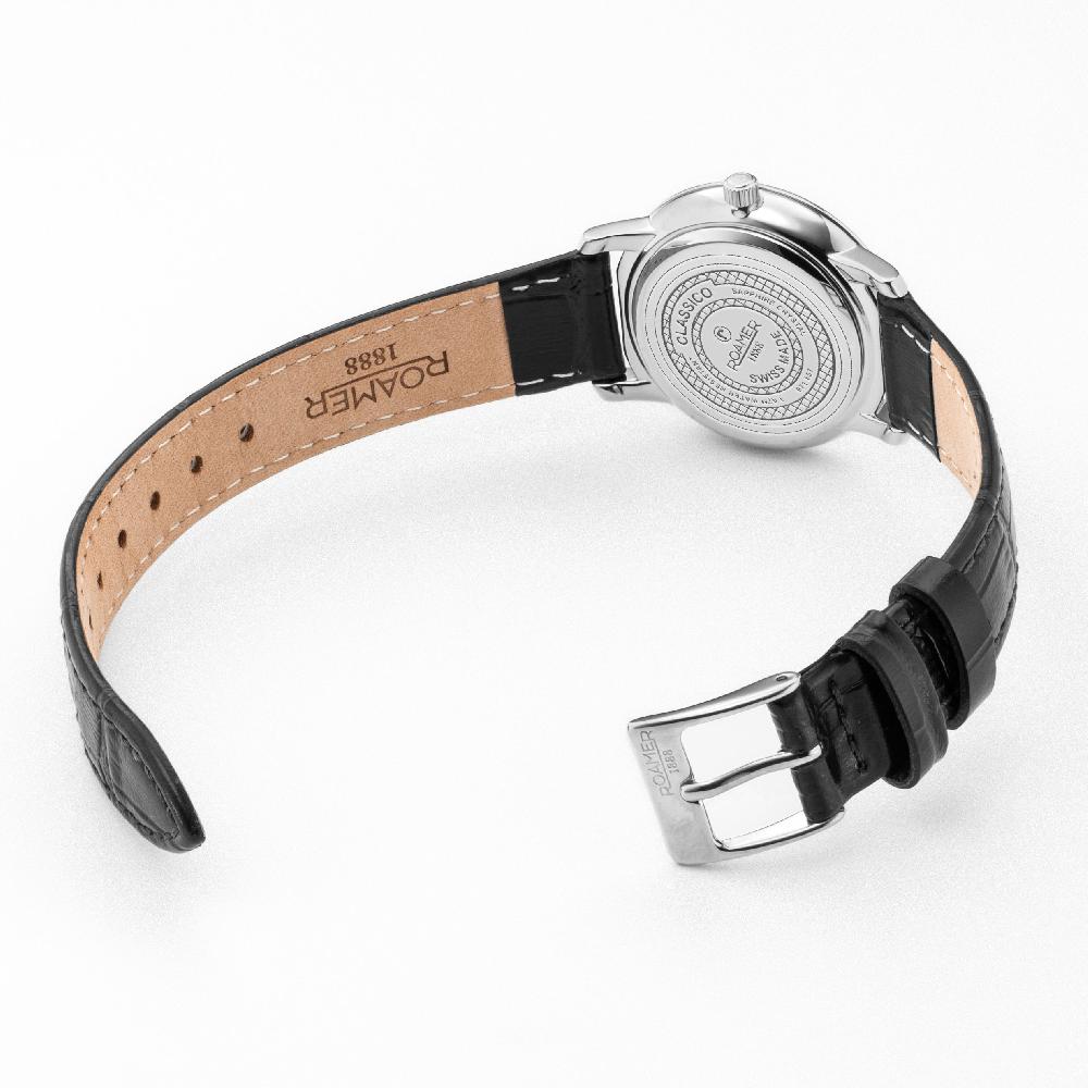 Roamer Classico Ladies 30mm Quartz Two-Hand Black Leather Strap Sapphire Glass Stainless Steel Swiss Watch