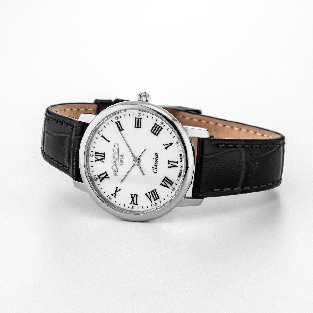 Roamer Classico Ladies 30mm Quartz Two-Hand Black Leather Strap Sapphire Glass Stainless Steel Swiss Watch