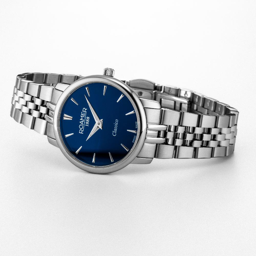 Roamer Classico Ladies 30mm Quartz Two-Hand Blue Sunray Dial Silver Bracelet Sapphire Glass Stainless Steel Swiss Watch