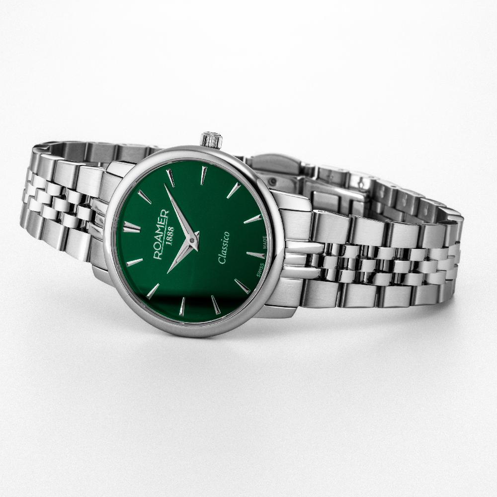 Roamer Classico Ladies 30mm Quartz Two-Hand Green Sunray Dial Silver Bracelet Sapphire Glass Stainless Steel Swiss Watch