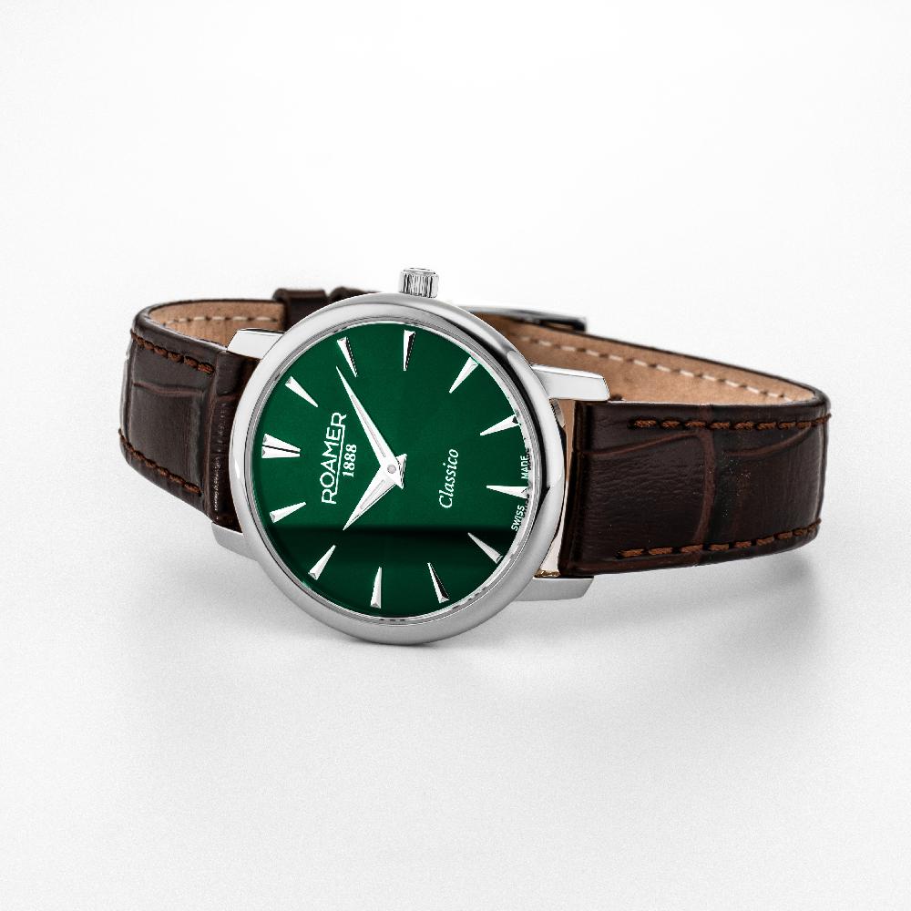 Roamer Classico Ladies 30mm Quartz Two-Hand Green Sunray Dial Brown Leather Strap Sapphire Glass Stainless Steel Swiss Watch