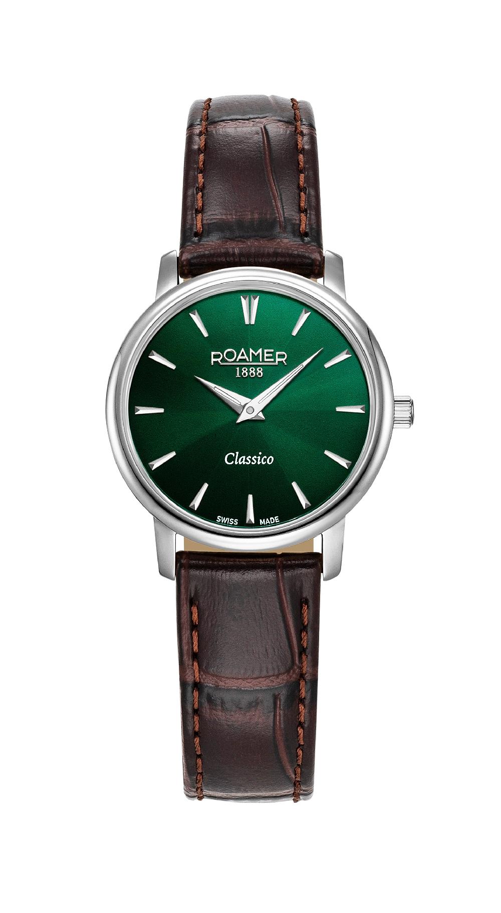 roamer Classico Ladies 30mm Quartz Two-Hand Green Sunray Dial Brown Leather Strap Sapphire glass Stainless Steel swiss watch