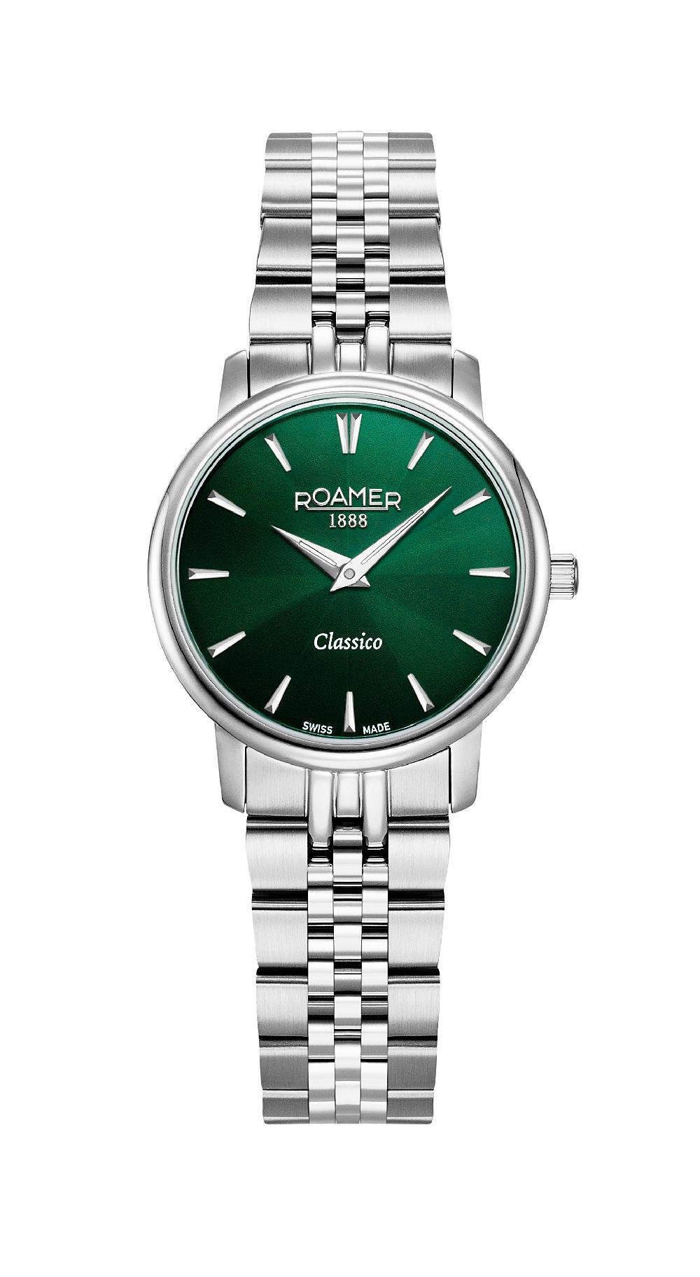 roamer Classico Ladies 30mm Quartz Two-Hand Green Sunray Dial Silver Bracelet Sapphire glass Stainless Steel swiss watch