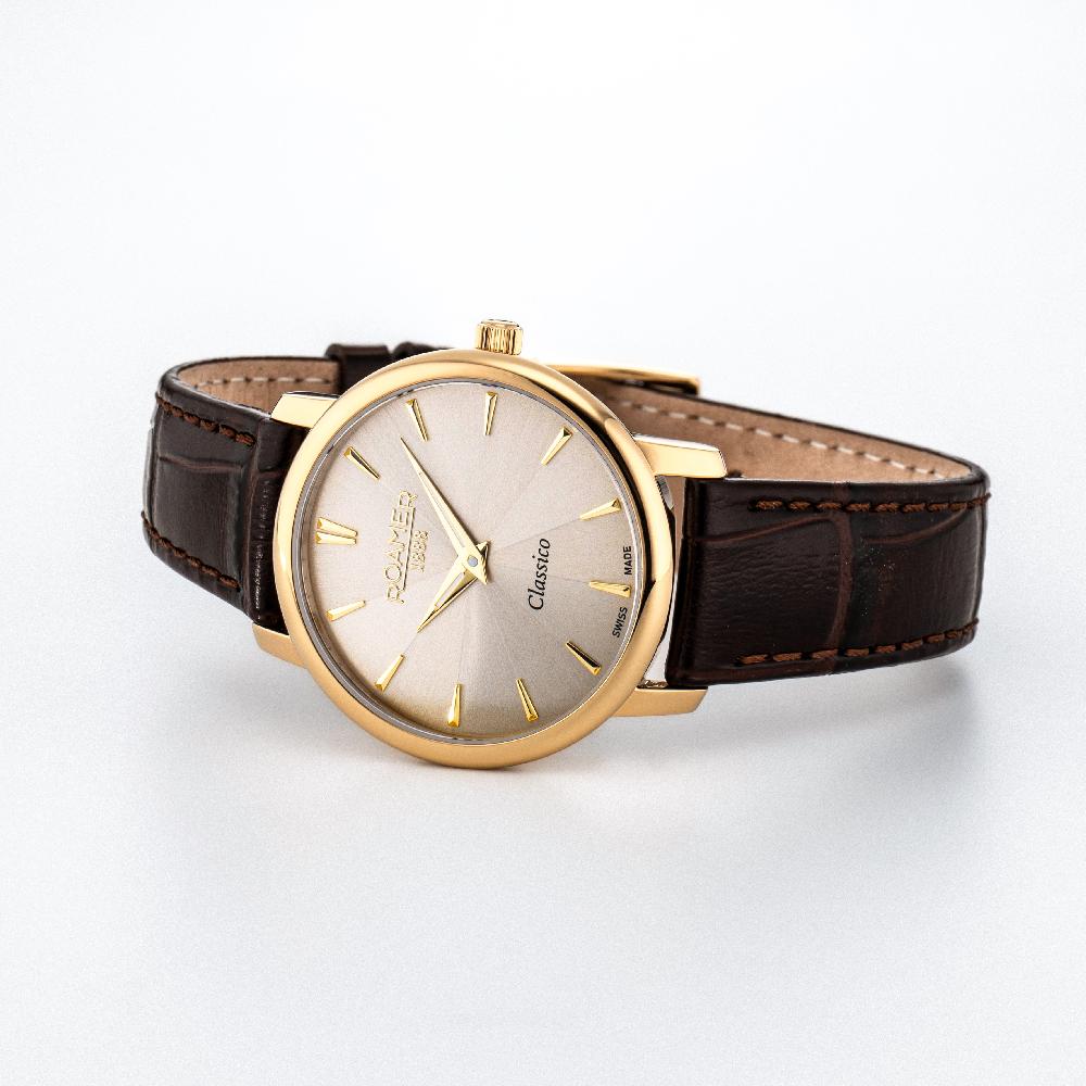 Roamer Classico Ladies 30mm Quartz Two-Hand Grey Sunray Dial Brown Leather Strap Sapphire Glass Stainless Steel Swiss Watch