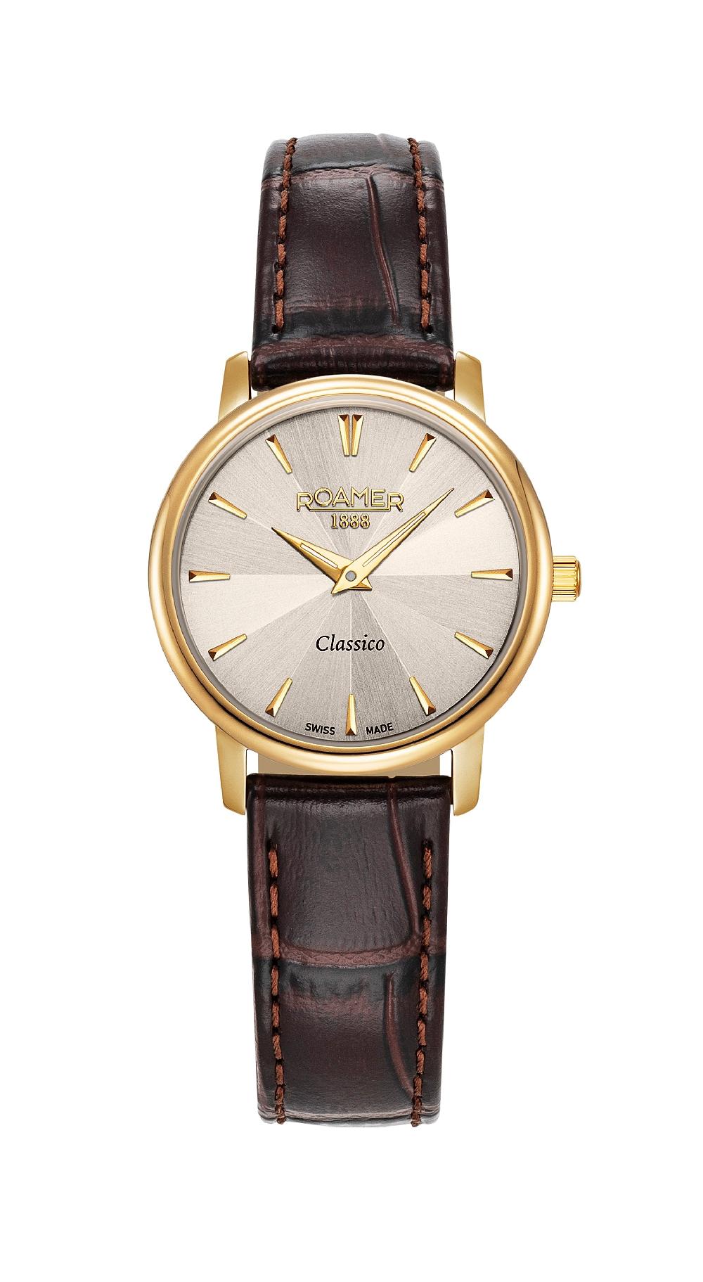 roamer Classico Ladies 30mm Quartz Two-Hand Grey Sunray Dial Brown Leather Strap Sapphire glass Stainless Steel swiss watch