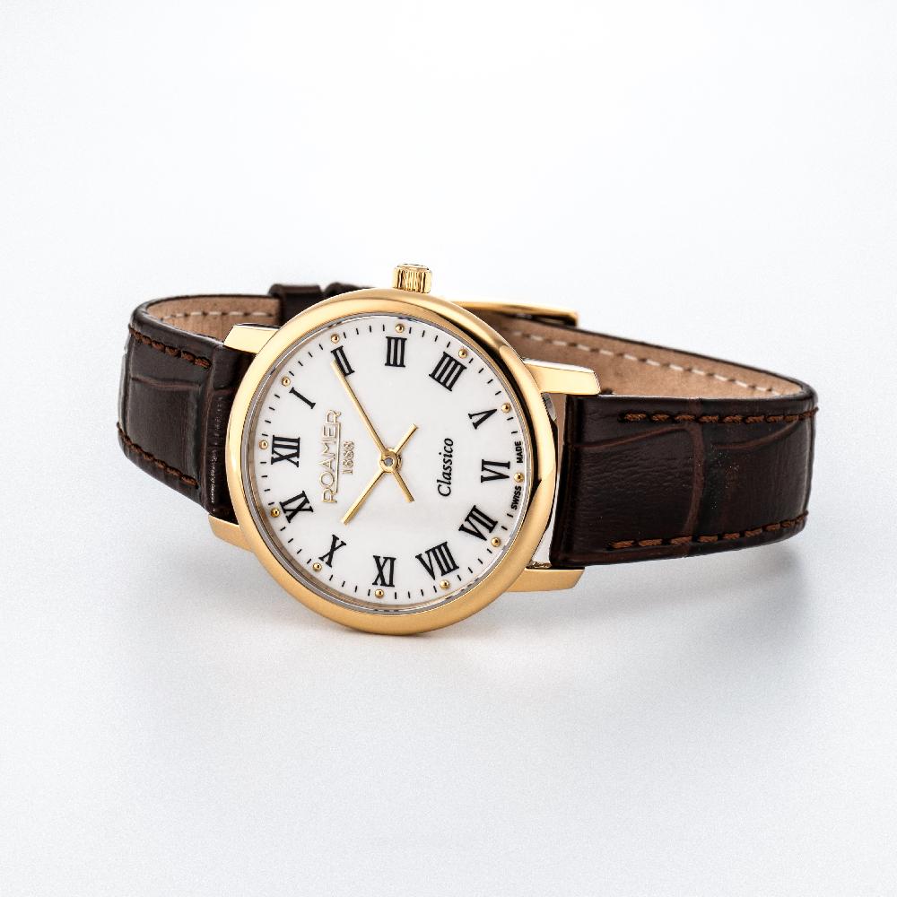 Roamer Classico Ladies 30mm Quartz Two-Hand White Dial Brown Leather Strap Sapphire Glass Stainless Steel Swiss Watch